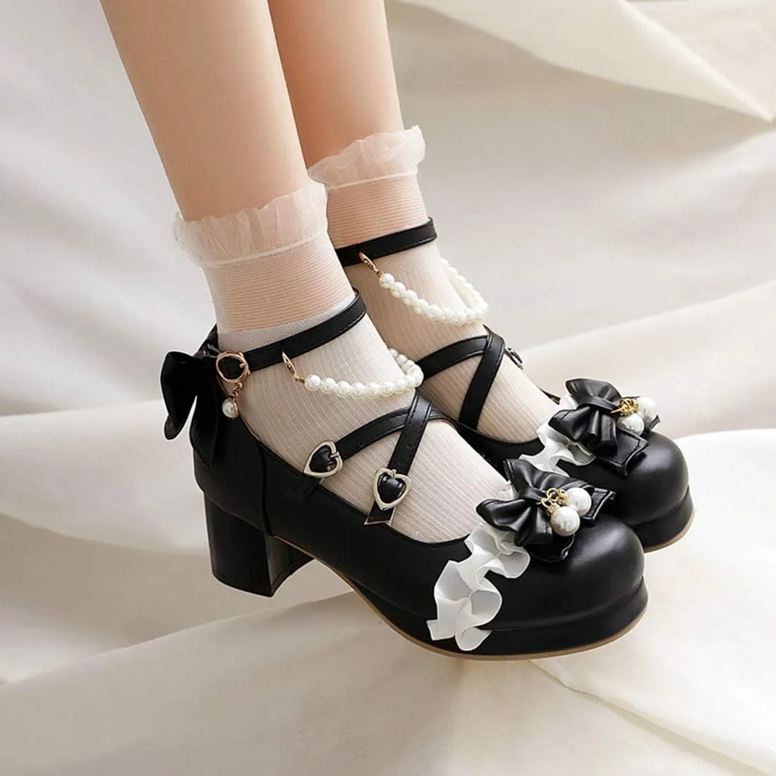 VOKLIN Women's Girls Lolita Mary Jane Pumps with Bow Cross Strap Mid Heel Princess Cosplay Oxford Dress Shoes