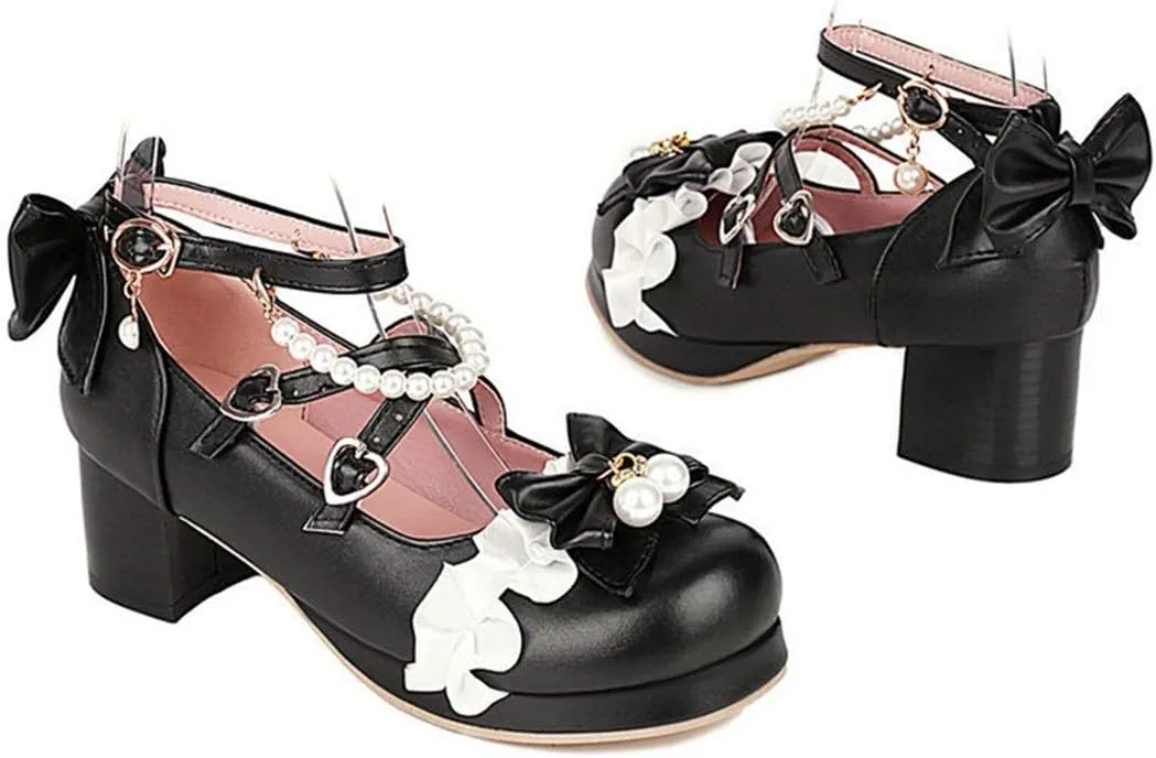 VOKLIN Women's Girls Lolita Mary Jane Pumps with Bow Cross Strap Mid Heel Princess Cosplay Oxford Dress Shoes
