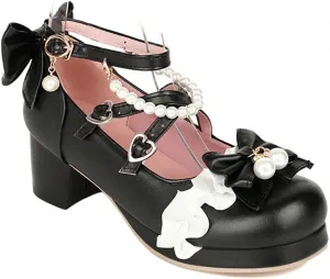 VOKLIN Women's Girls Lolita Mary Jane Pumps with Bow Cross Strap Mid Heel Princess Cosplay Oxford Dress Shoes