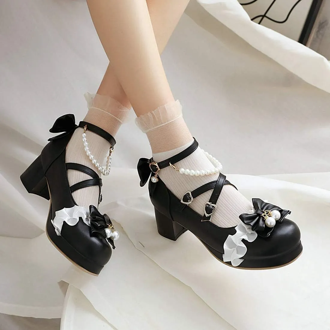 VOKLIN Women's Girls Lolita Mary Jane Pumps with Bow Cross Strap Mid Heel Princess Cosplay Oxford Dress Shoes