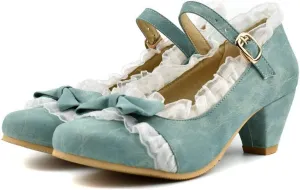 VOKLIN Women's Girls Lolita Mary Jane Shoes Sweet Bow Lace Ankle Strap Low Heel Princess Oxford Dress Pumps