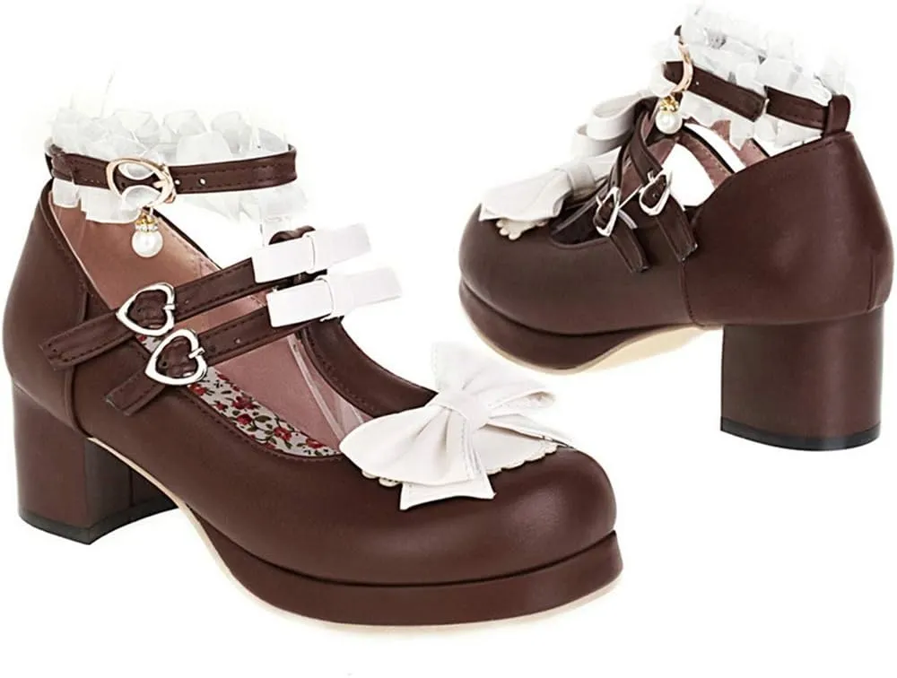 VOKLIN Women's Girls Lolita Mary Jane Shoes Sweet Bow Lace Ankle Strap Mid Heel Cosplay Oxford Dress Pumps