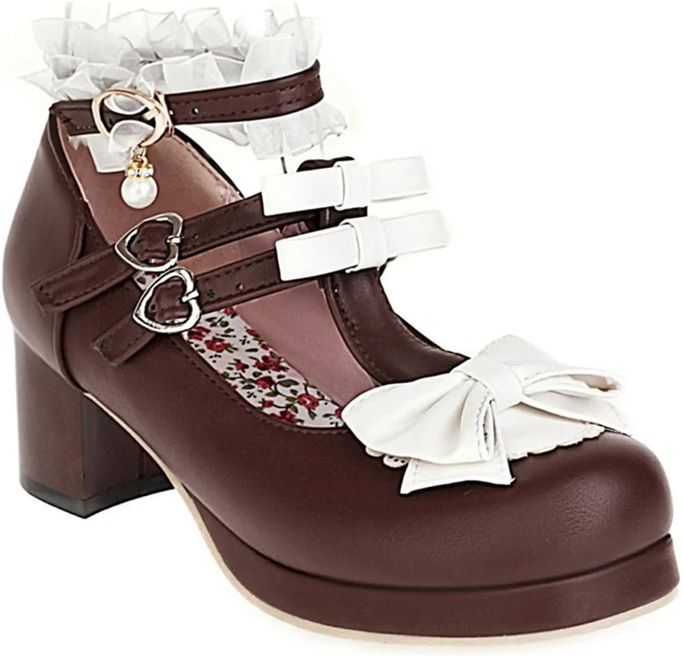 VOKLIN Women's Girls Lolita Mary Jane Shoes Sweet Bow Lace Ankle Strap Mid Heel Cosplay Oxford Dress Pumps