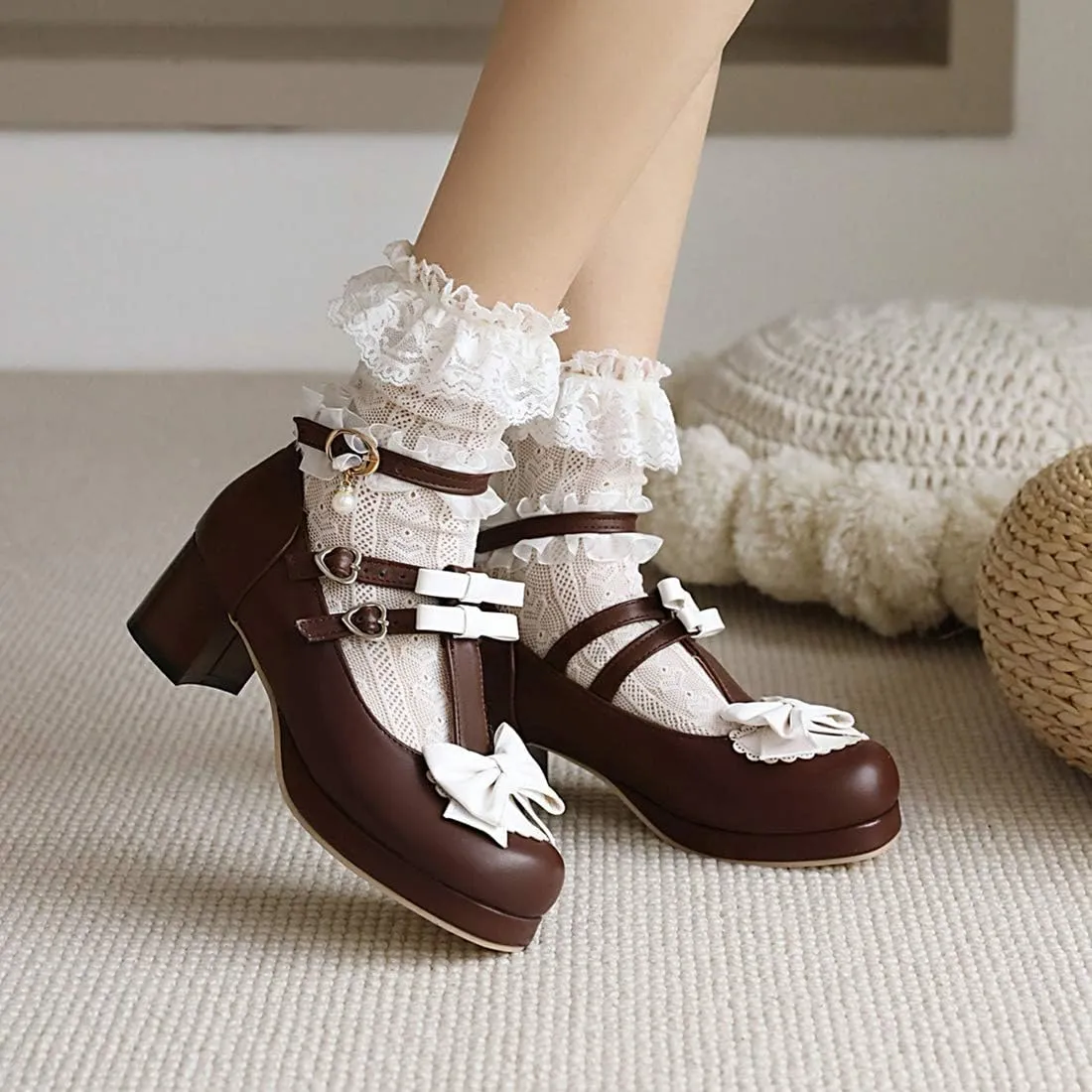 VOKLIN Women's Girls Lolita Mary Jane Shoes Sweet Bow Lace Ankle Strap Mid Heel Cosplay Oxford Dress Pumps