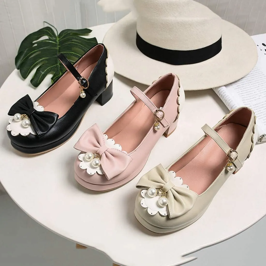 VOKLIN Women's Girls Lolita Mary Janes Pumps Cute Bow Ankle Strap Block Mid Heel Princess Oxford Dress Shoes