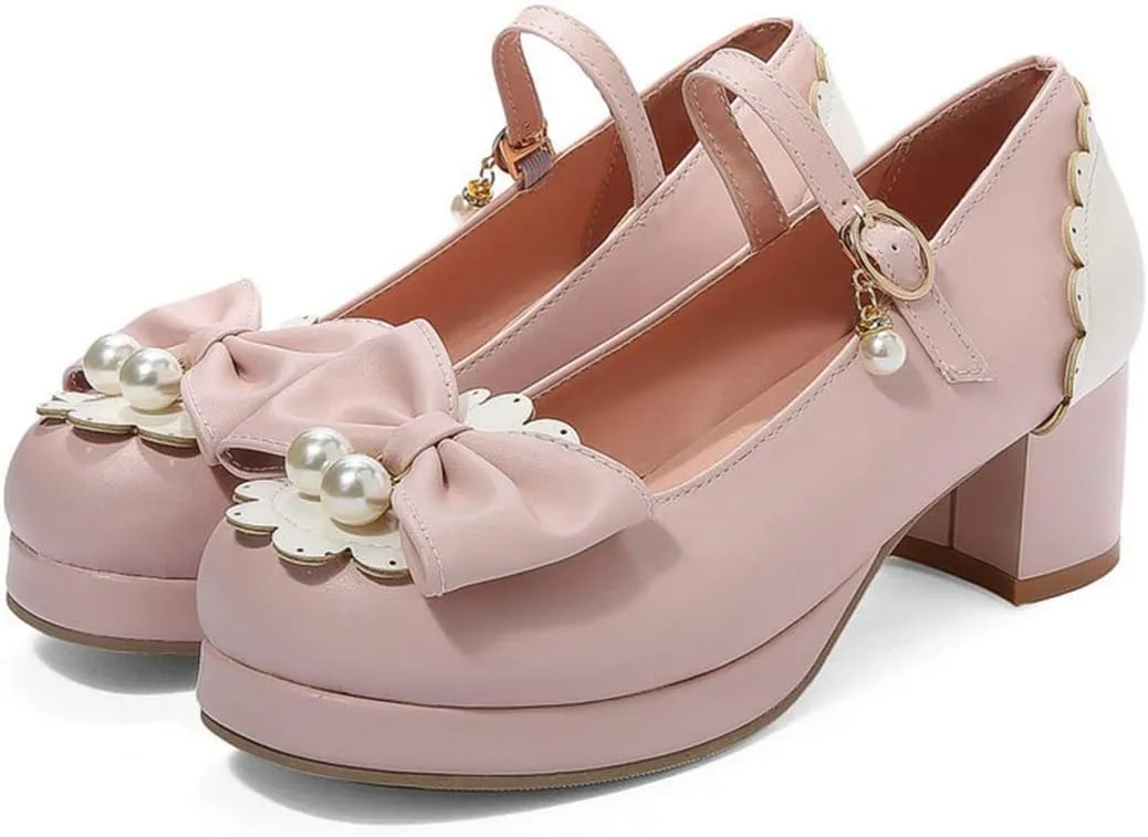VOKLIN Women's Girls Lolita Mary Janes Pumps Cute Bow Ankle Strap Block Mid Heel Princess Oxford Dress Shoes