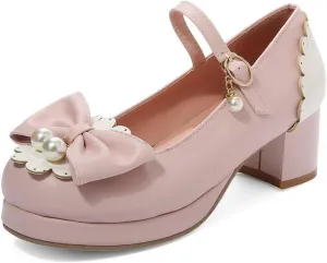 VOKLIN Women's Girls Lolita Mary Janes Pumps Cute Bow Ankle Strap Block Mid Heel Princess Oxford Dress Shoes