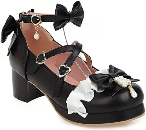 VOKLIN Women's Girls Lolita Mary Janes Pumps Sweet Bow Cross Ankle Strap Low Heels Cosplay Oxford Dress Shoes