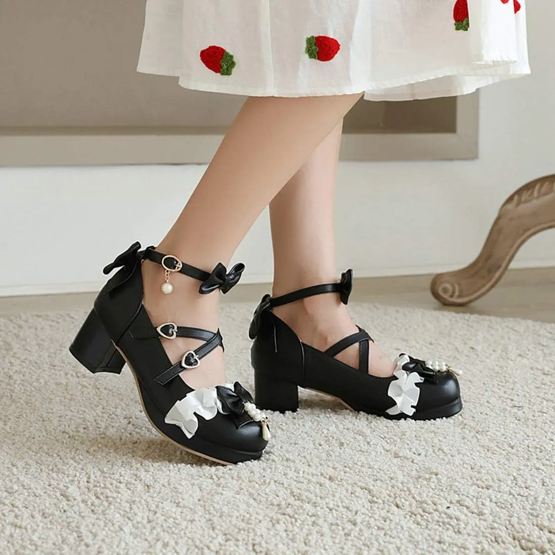 VOKLIN Women's Girls Lolita Mary Janes Pumps Sweet Bow Cross Ankle Strap Low Heels Cosplay Oxford Dress Shoes