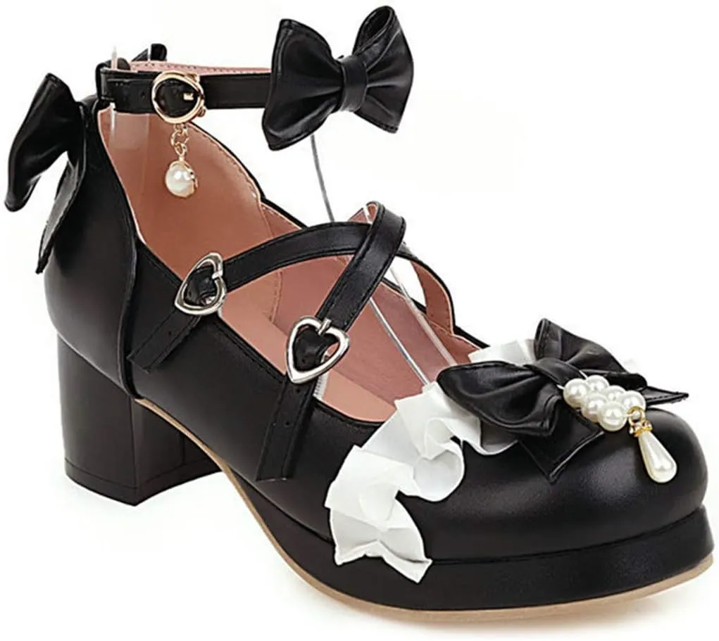 VOKLIN Women's Girls Lolita Mary Janes Pumps Sweet Bow Cross Ankle Strap Low Heels Cosplay Oxford Dress Shoes