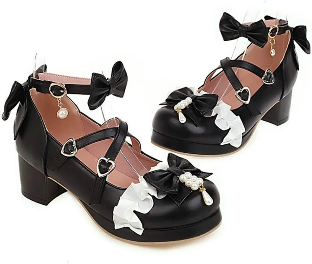 VOKLIN Women's Girls Lolita Mary Janes Pumps Sweet Bow Cross Ankle Strap Low Heels Cosplay Oxford Dress Shoes