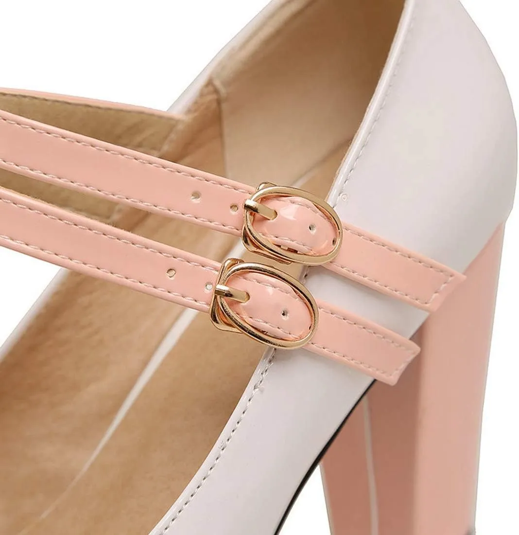VOKLIN Women's Girls Lolita Platform Ankle Strap Mary Jane Pumps Sweet Bow Block High Heel Oxford Dress Shoes