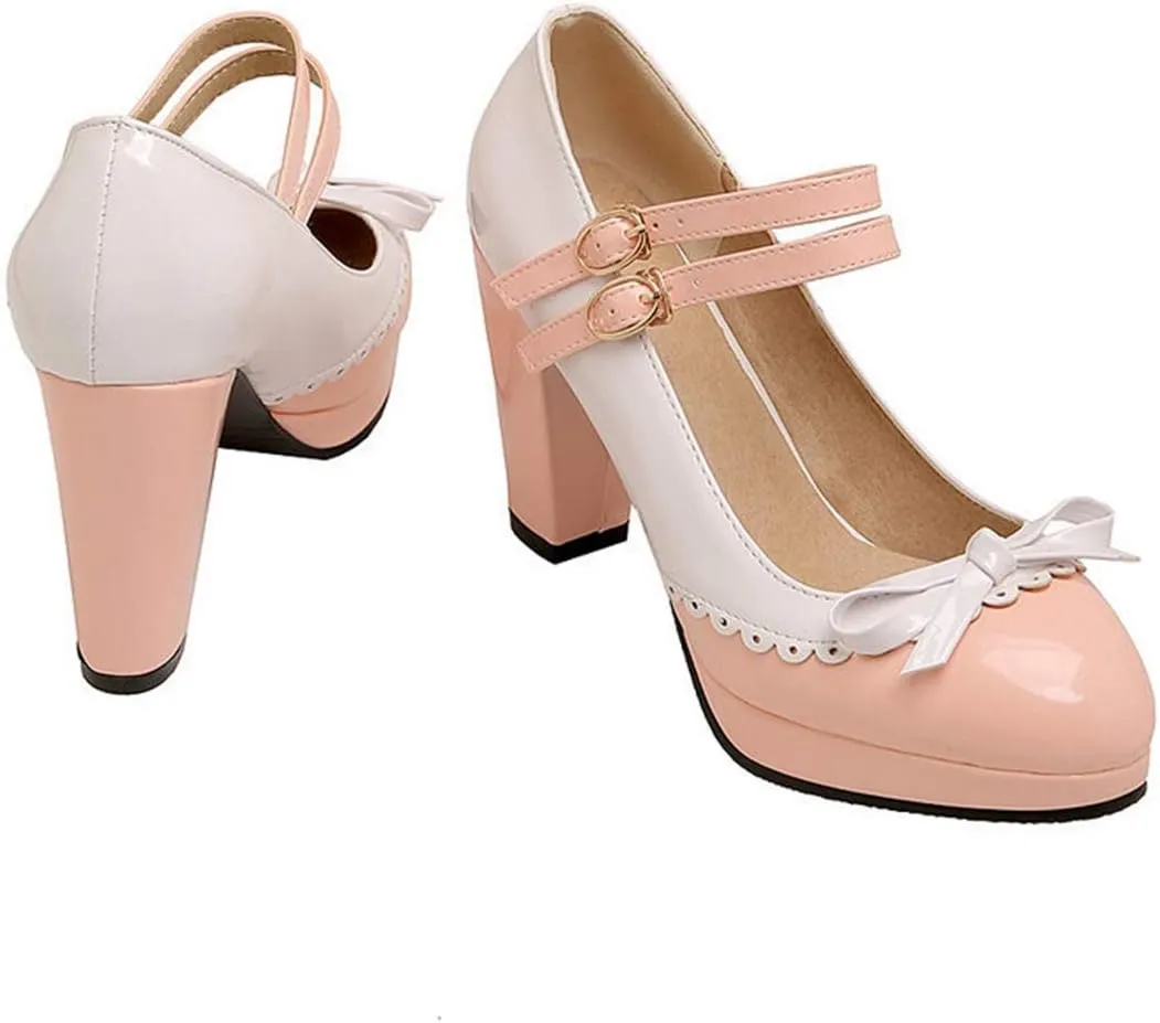VOKLIN Women's Girls Lolita Platform Ankle Strap Mary Jane Pumps Sweet Bow Block High Heel Oxford Dress Shoes