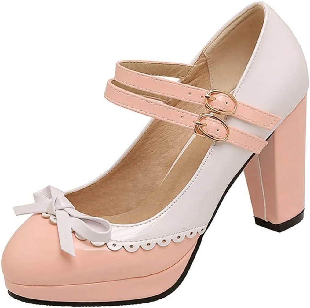 VOKLIN Women's Girls Lolita Platform Ankle Strap Mary Jane Pumps Sweet Bow Block High Heel Oxford Dress Shoes