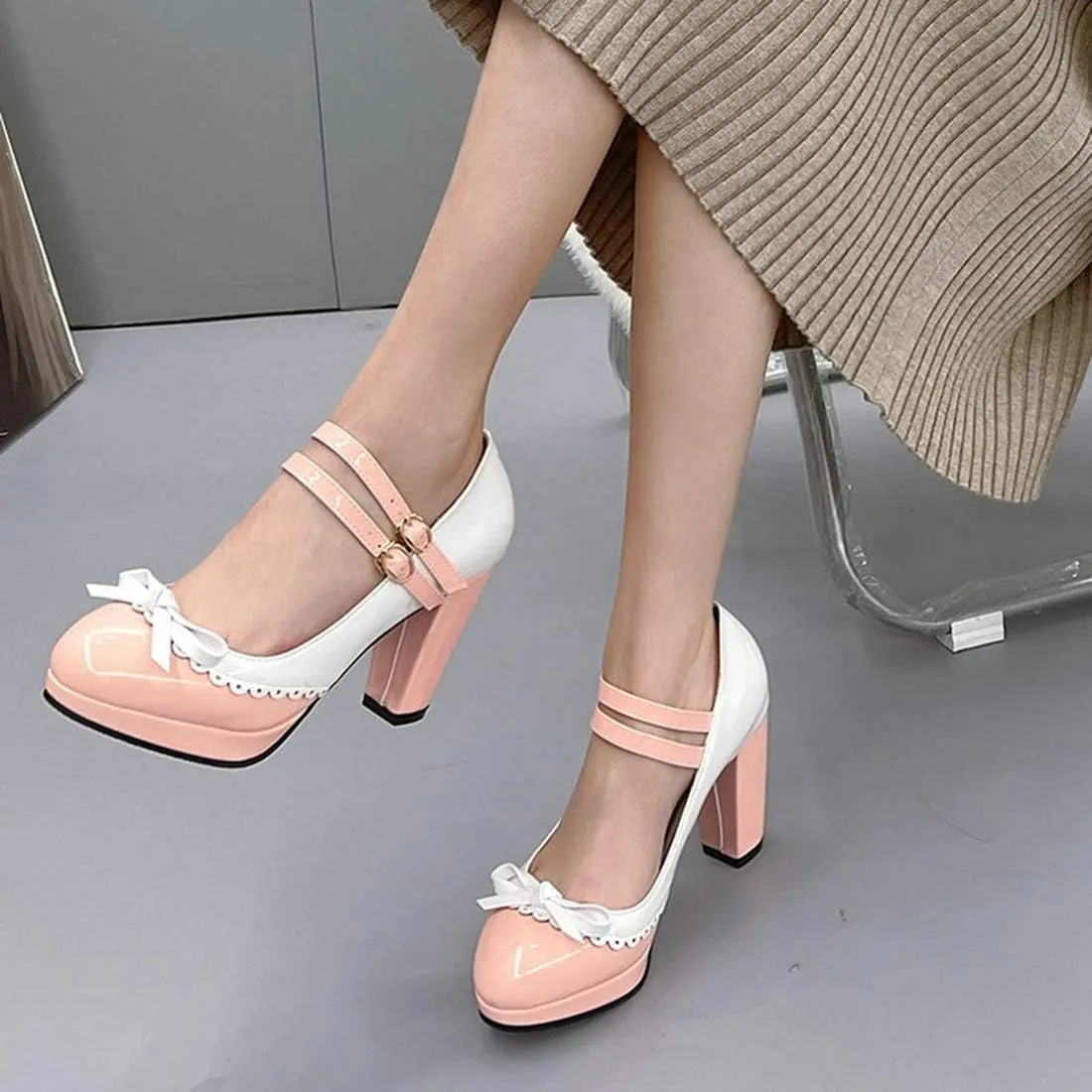 VOKLIN Women's Girls Lolita Platform Ankle Strap Mary Jane Pumps Sweet Bow Block High Heel Oxford Dress Shoes