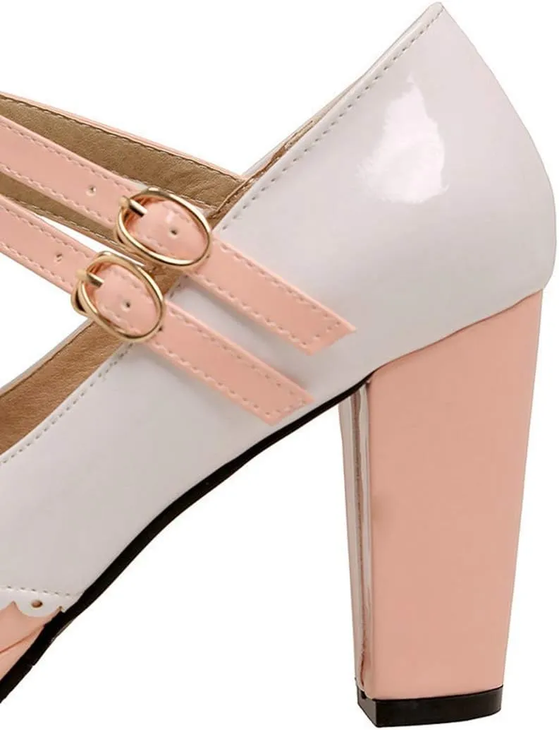 VOKLIN Women's Girls Lolita Platform Ankle Strap Mary Jane Pumps Sweet Bow Block High Heel Oxford Dress Shoes