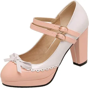 VOKLIN Women's Girls Lolita Platform Ankle Strap Mary Jane Pumps Sweet Bow Block High Heel Oxford Dress Shoes