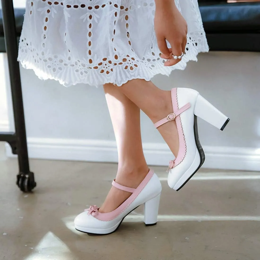 VOKLIN Women's Girls Lolita Platform Mary Jane Pumps Sweet Bow Ankle Strap Block High Heel Oxford Dress Shoes