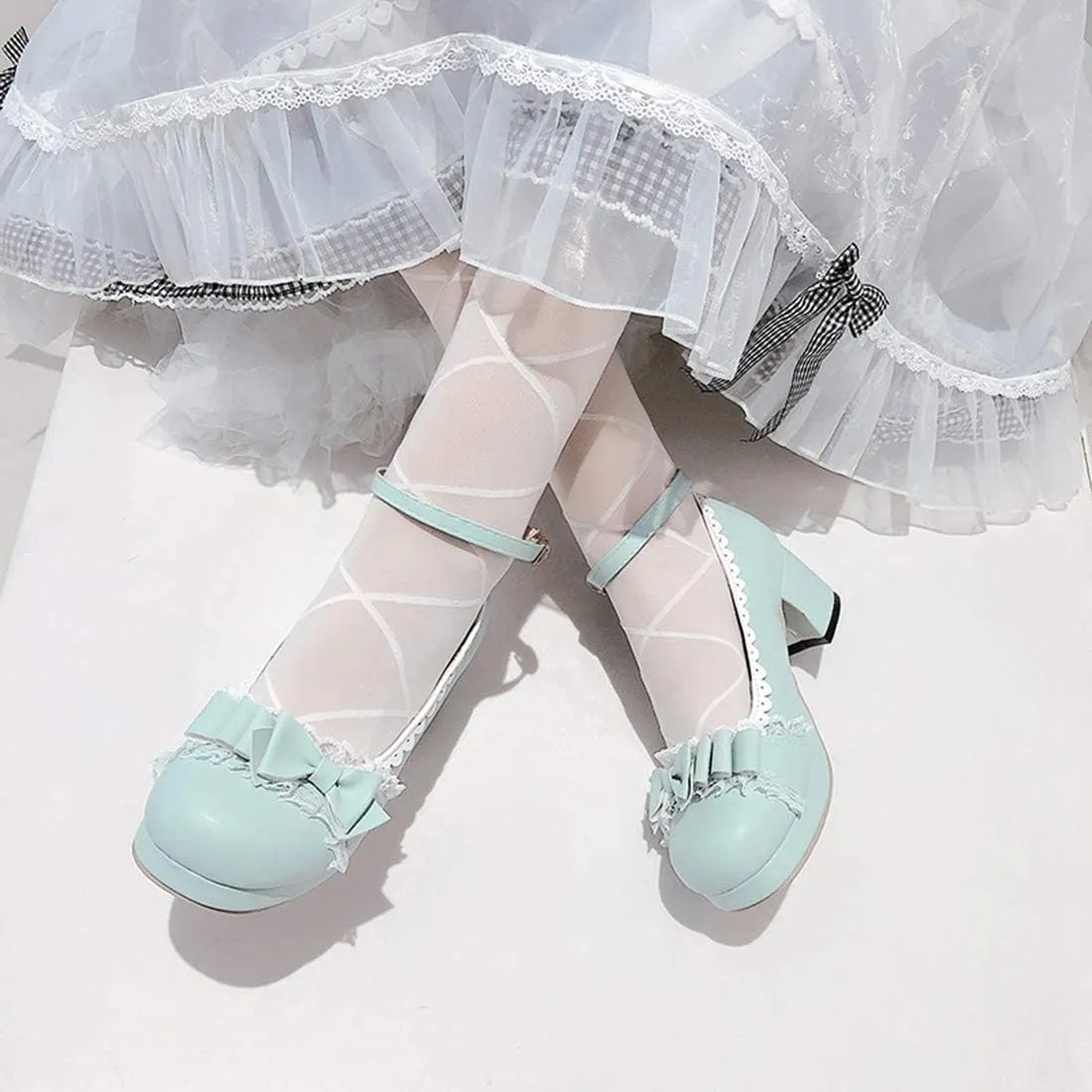 VOKLIN Women's Girls Lolita Platform Mary Jane Pumps Sweet Bow Ankle Strap Block Mid Heel Oxford Dress Shoes
