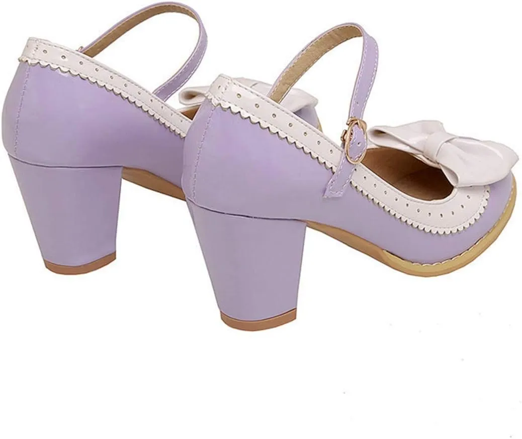 VOKLIN Women's Girls Lolita Sweet Bow Mary Jane Pumps Ankle Strap Platform Block High Heel Oxford Dress Shoes