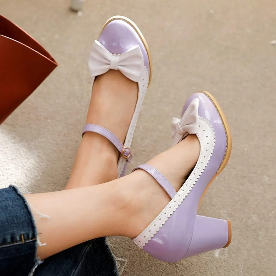 VOKLIN Women's Girls Lolita Sweet Bow Mary Jane Pumps Ankle Strap Platform Block High Heel Oxford Dress Shoes