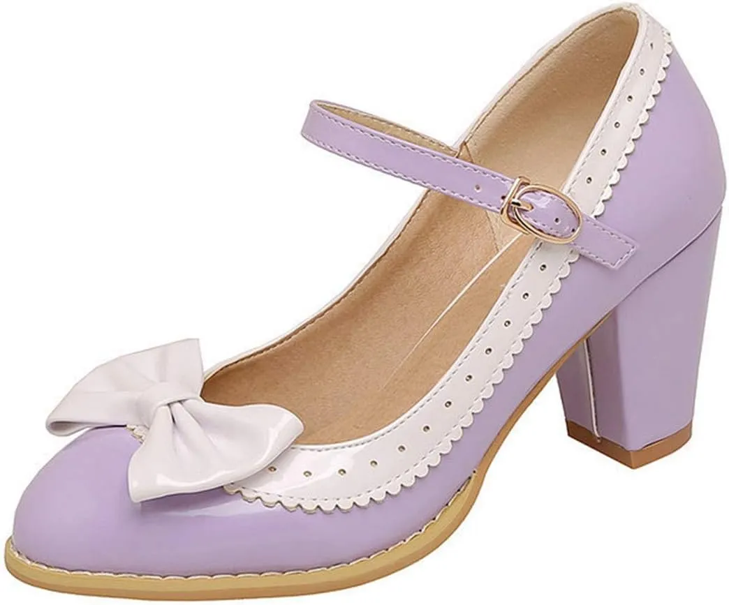 VOKLIN Women's Girls Lolita Sweet Bow Mary Jane Pumps Ankle Strap Platform Block High Heel Oxford Dress Shoes