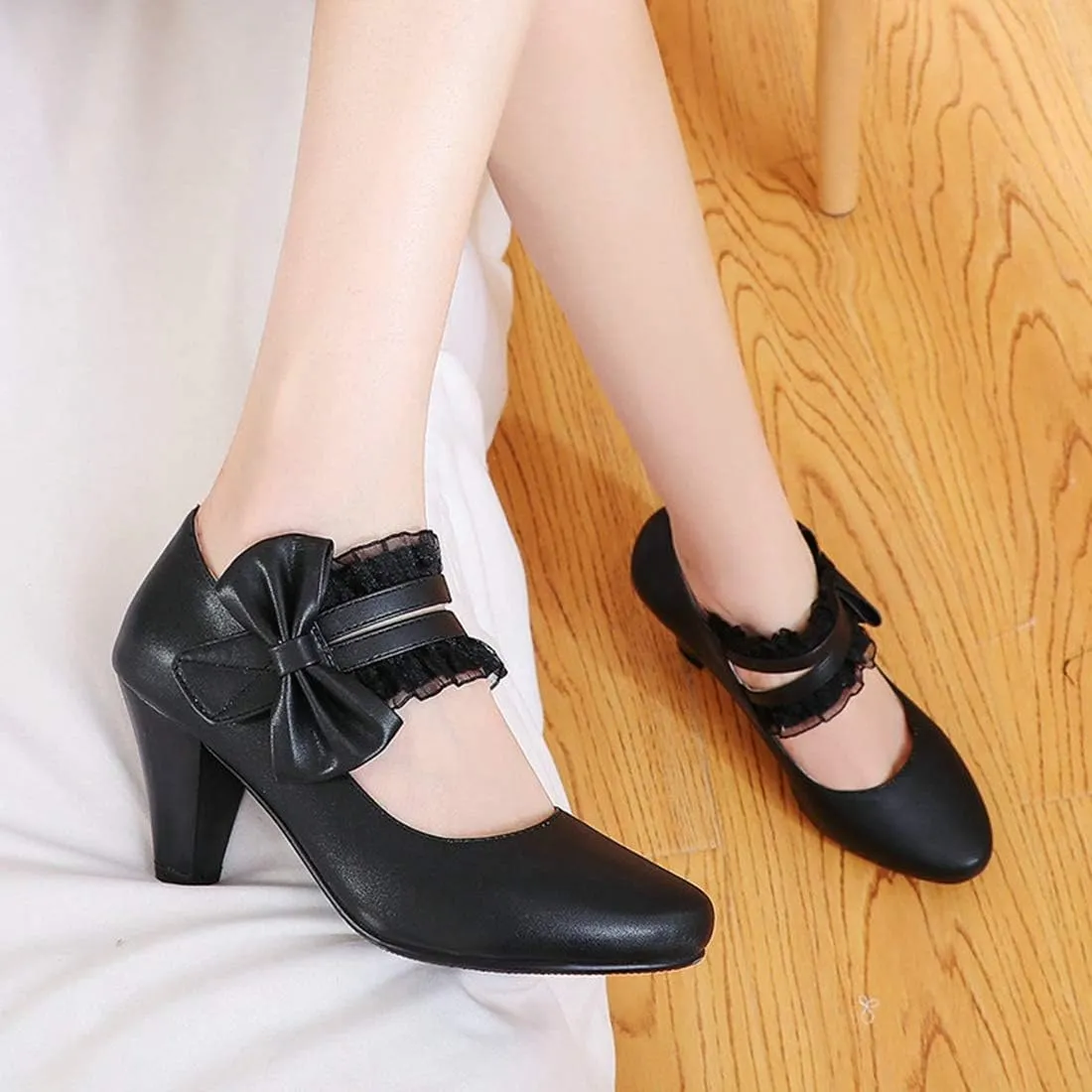 VOKLIN Women's Girls Round Toe Ankle Strap Mary Jane Pumps Sweet Bow Lace Block High Heels Oxford Dress Shoes