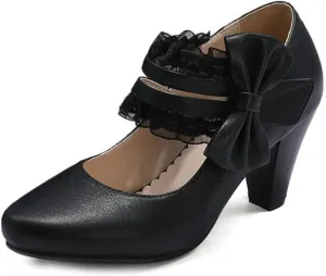 VOKLIN Women's Girls Round Toe Ankle Strap Mary Jane Pumps Sweet Bow Lace Block High Heels Oxford Dress Shoes