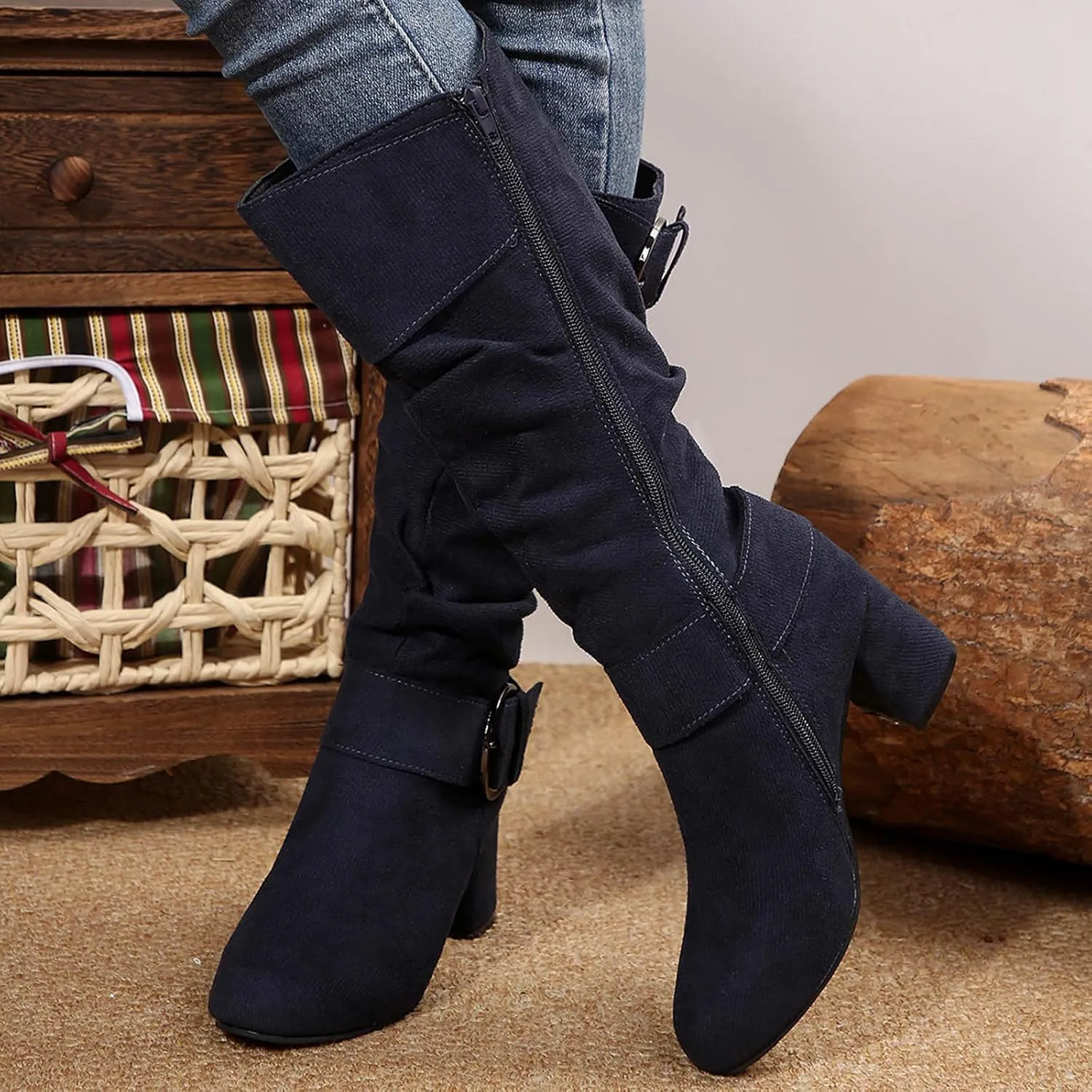 Wide Calf Rain Boots for Women Plus Size Fashion Women Solid Autumn Winter Thick Sole Wedge Boots for Women Wide Calf