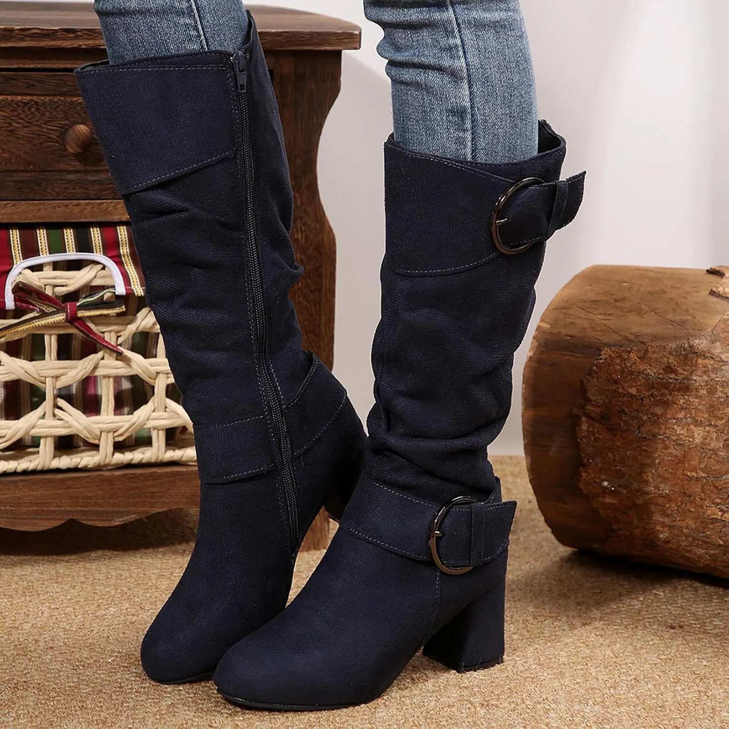 Wide Calf Rain Boots for Women Plus Size Fashion Women Solid Autumn Winter Thick Sole Wedge Boots for Women Wide Calf