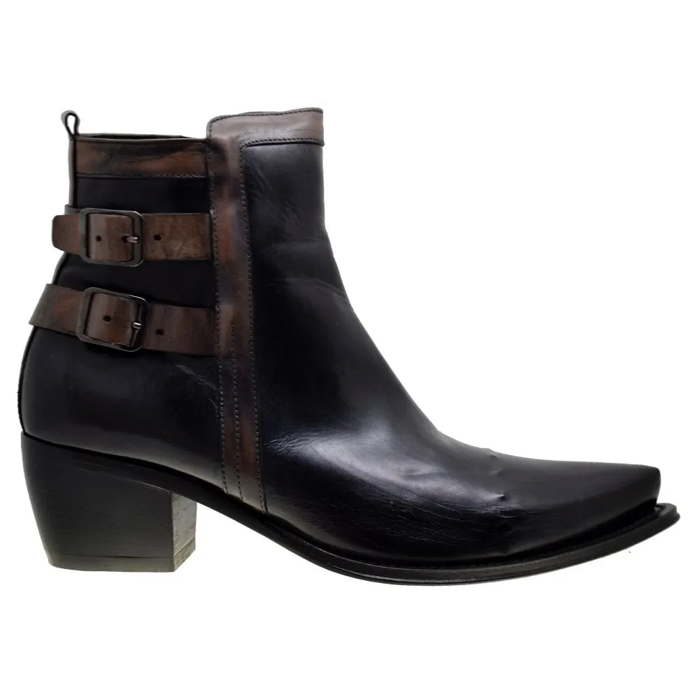 Women's Italian Shoes Jo Ghost 3842 Black Leather Pointed Buckle Boots available sizes 36 38