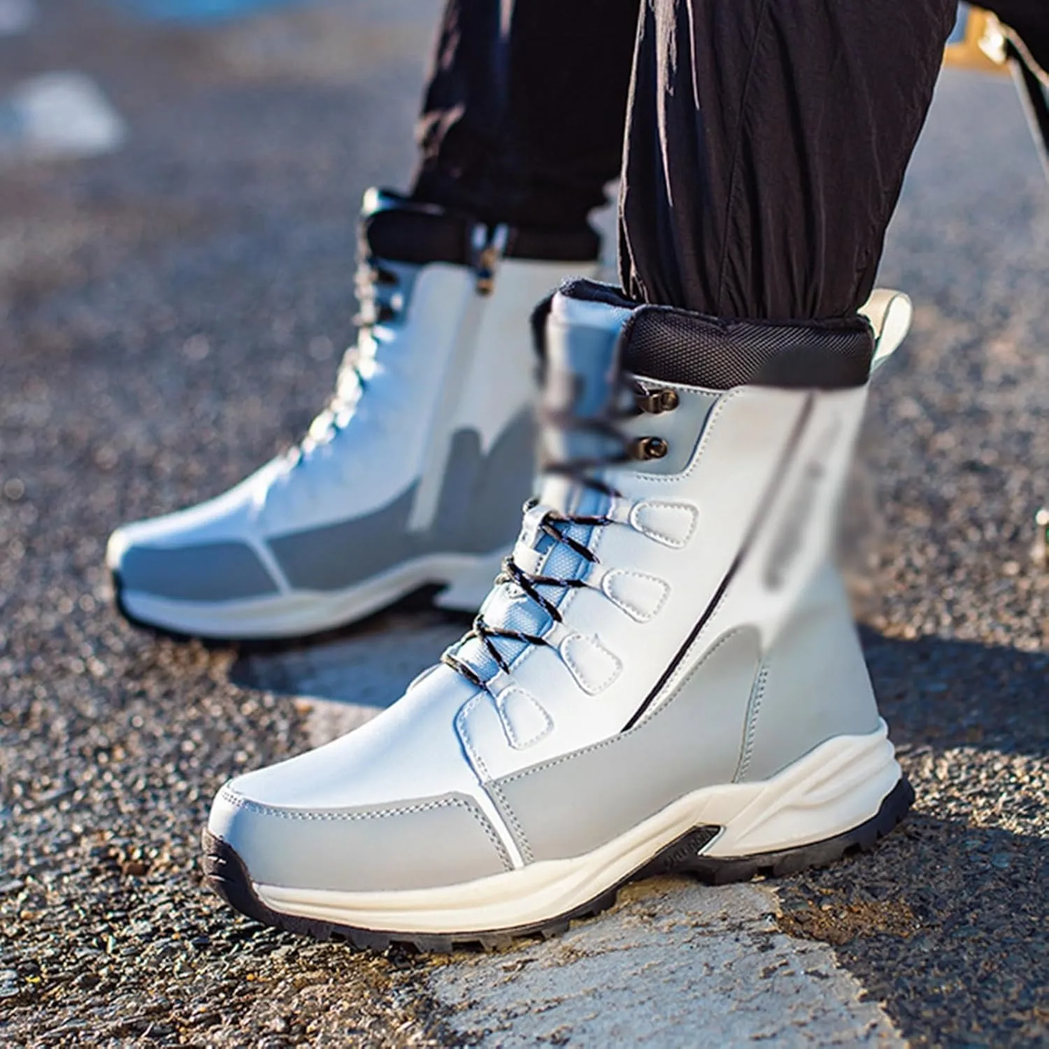 Womens Snow Boots Waterproof Non Slip Warm Fur Lined Lace Up Side Zipper Winter Men High Gang Boots Fashion Casual Comfortable Unisex Winter Hiking Sneakers ( Color : White , Size : 8.5 Women/7 Men )