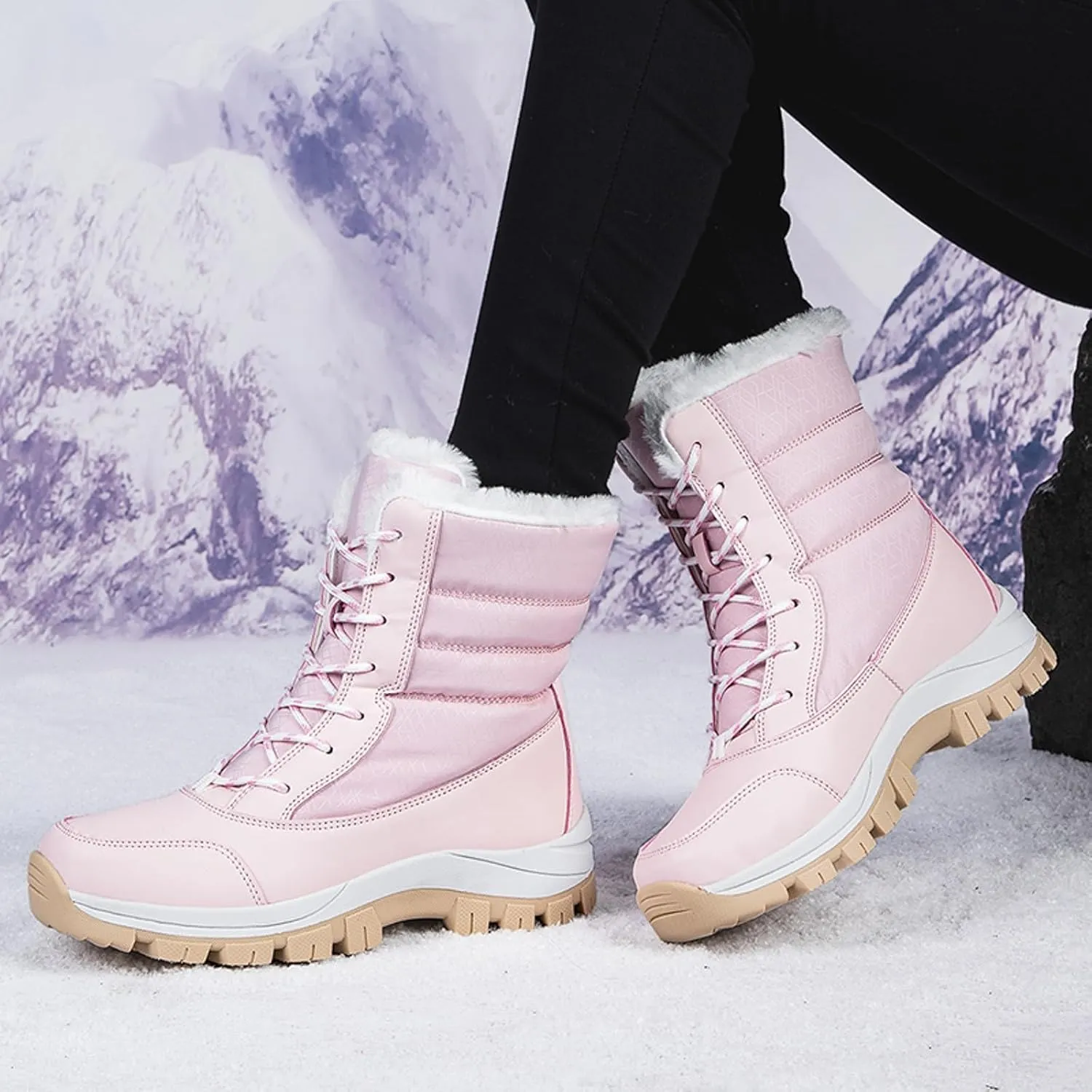 Women's Snow Boots Waterproof Winter Boots Comfortable Lace Up Ankle Boot Lightweight Hiking Shoes
