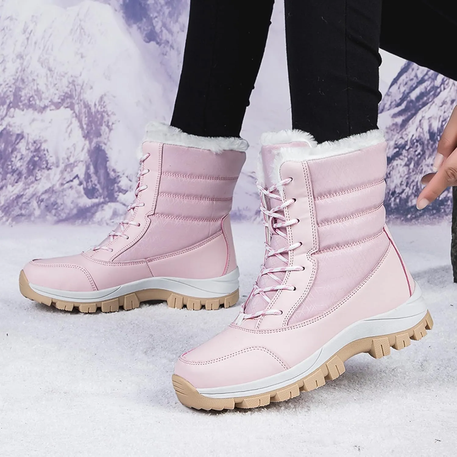 Women's Snow Boots Waterproof Winter Boots Comfortable Lace Up Ankle Boot Lightweight Hiking Shoes