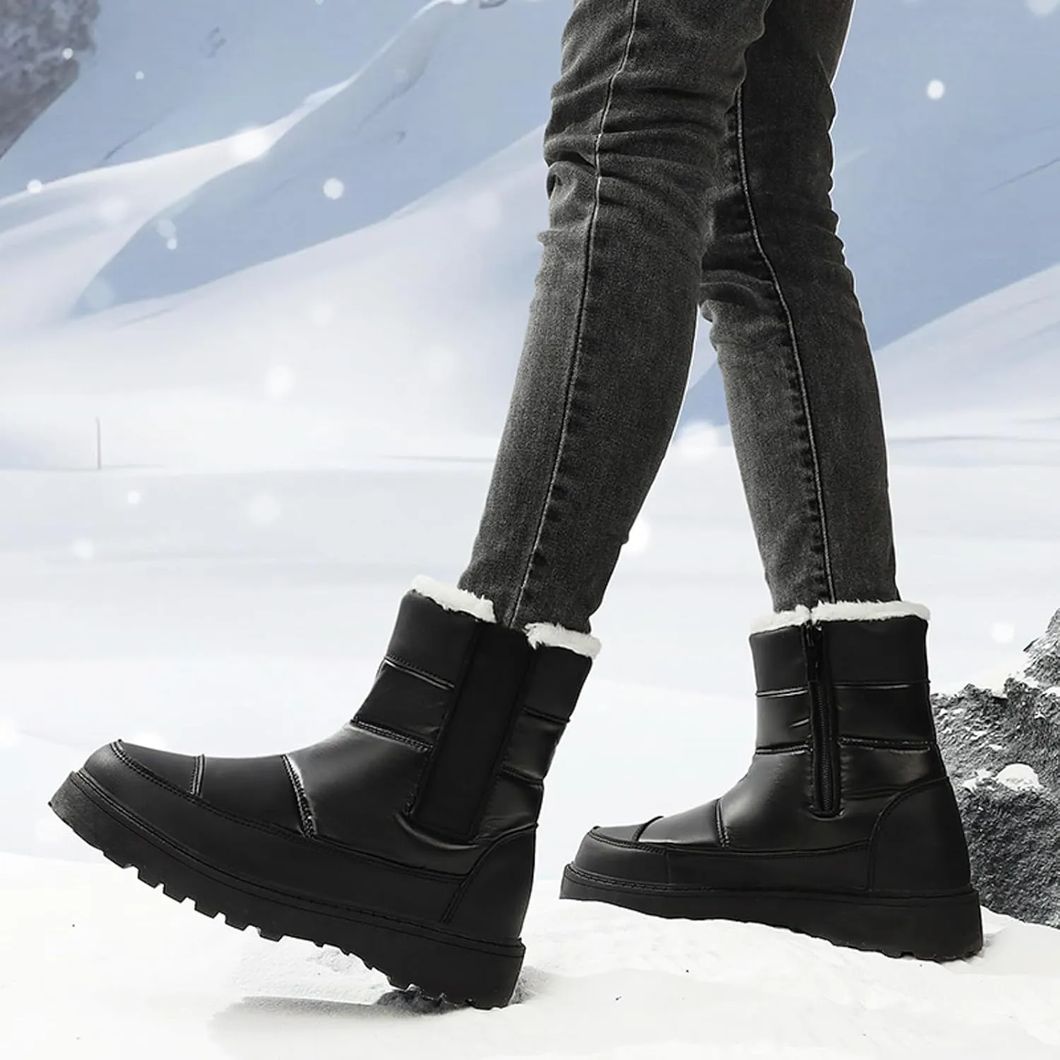 Womens Snow Boots Winter Boots for Women Warm Fleece Lined Furry Mid Calf Boots Ladies Platform Boots Water-proof Non-Slip Outdoor Shoes Comfortable Walking Hiking Shoes for Women