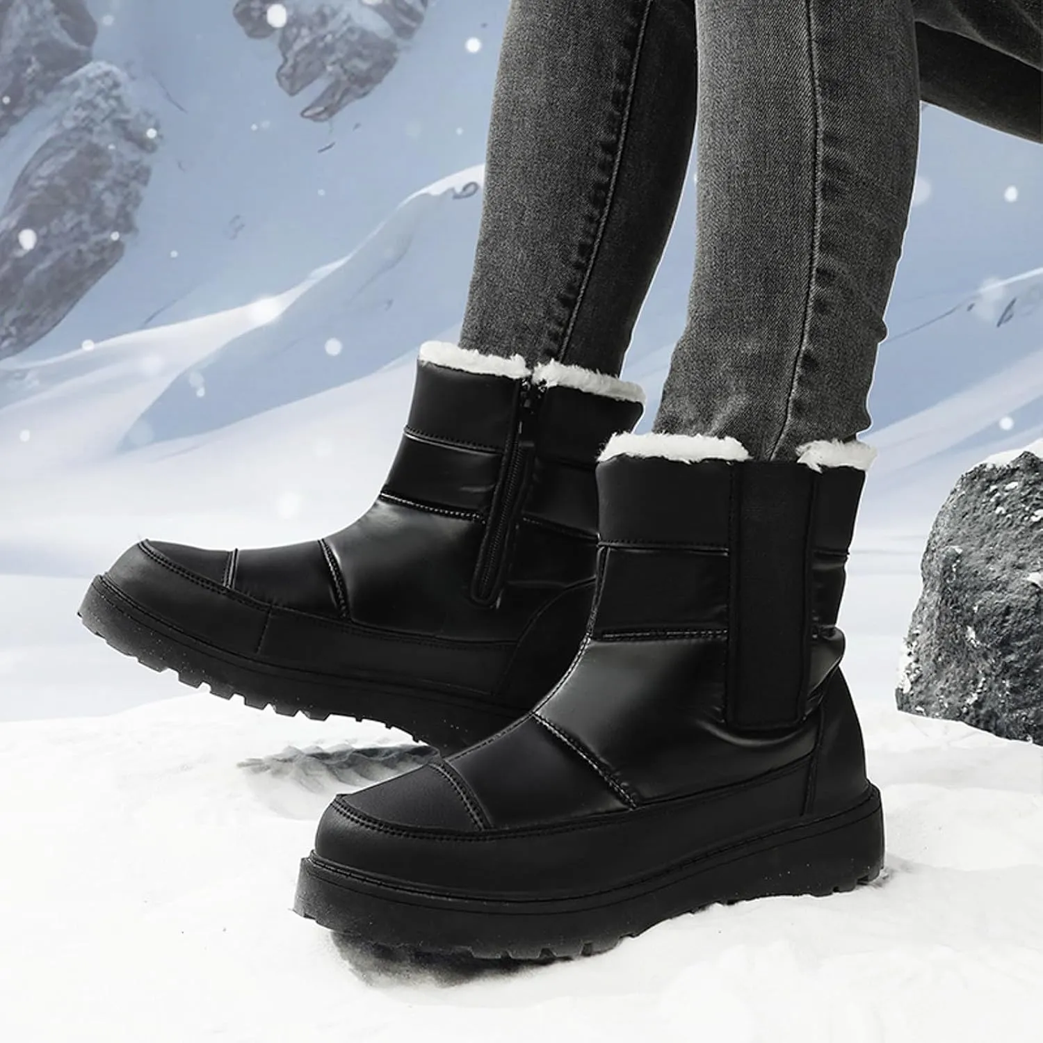 Womens Snow Boots Winter Boots for Women Warm Fleece Lined Furry Mid Calf Boots Ladies Platform Boots Water-proof Non-Slip Outdoor Shoes Comfortable Walking Hiking Shoes for Women