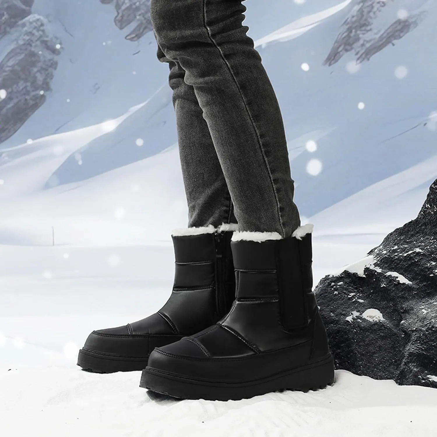 Womens Snow Boots Winter Boots for Women Warm Fleece Lined Furry Mid Calf Boots Ladies Platform Boots Water-proof Non-Slip Outdoor Shoes Comfortable Walking Hiking Shoes for Women
